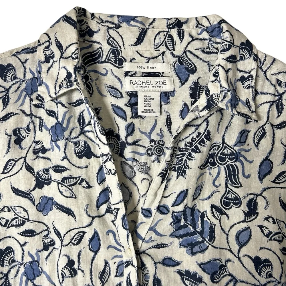 100% Linen Rachel Zoe Blue/Gray Floral Shirt Long Sleeves Roll Tab Buttons Sz M - Picture 6 of 10